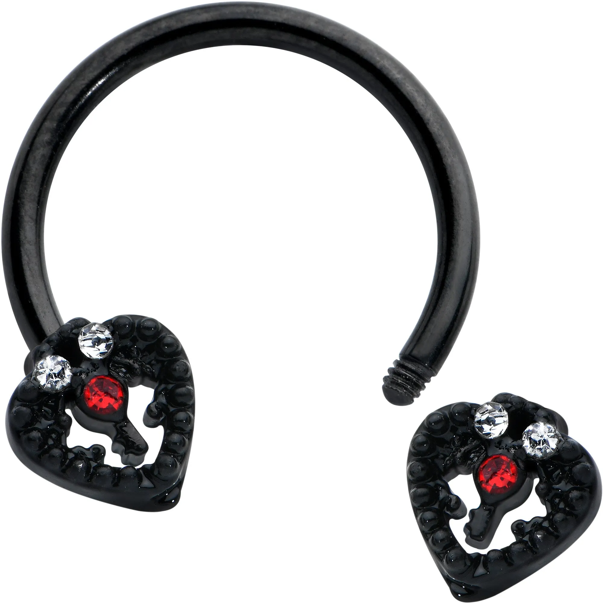 16 Gauge 3/8 Clear Red Gem Black Key Heart Horseshoe Circular Barbell