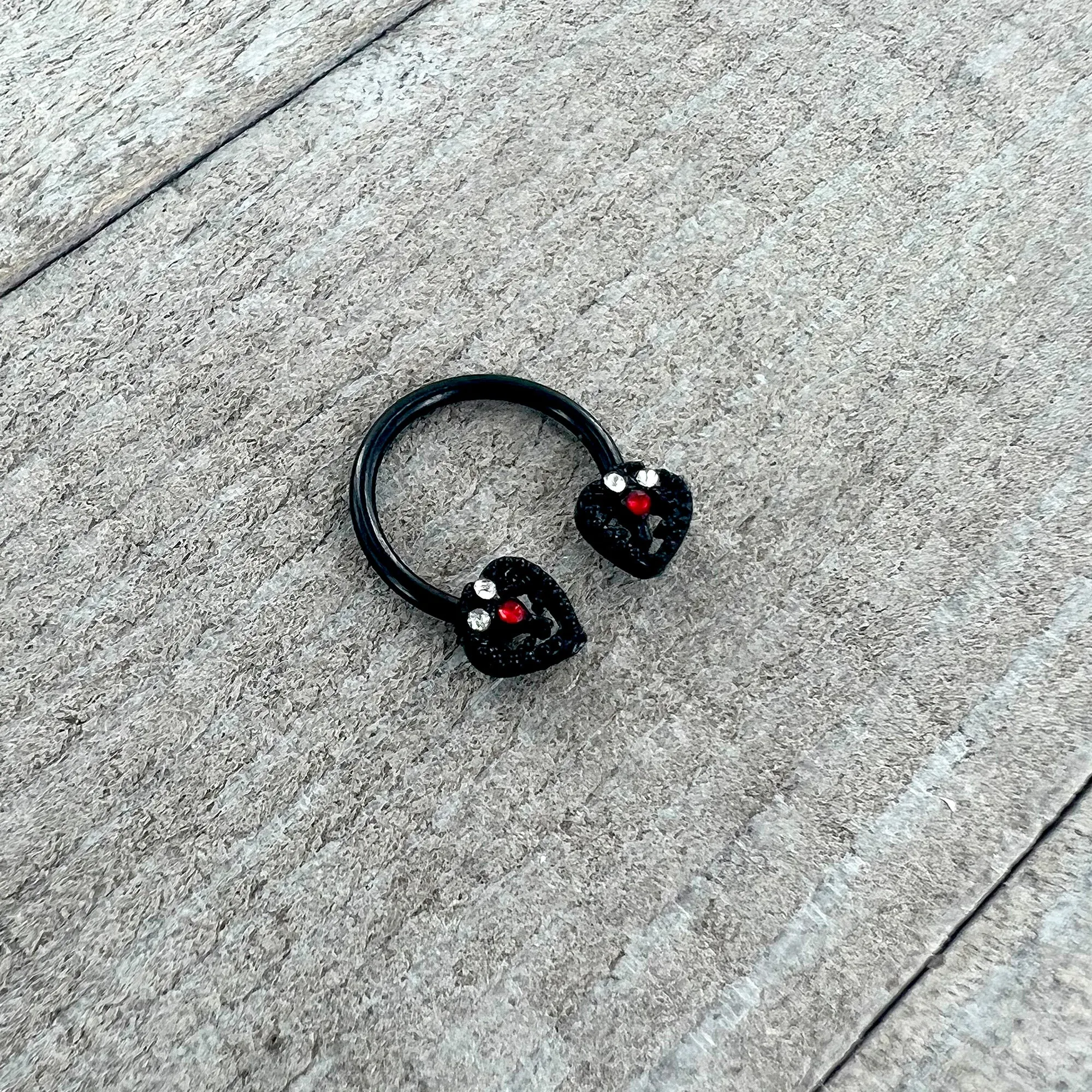 16 Gauge 3/8 Clear Red Gem Black Key Heart Horseshoe Circular Barbell