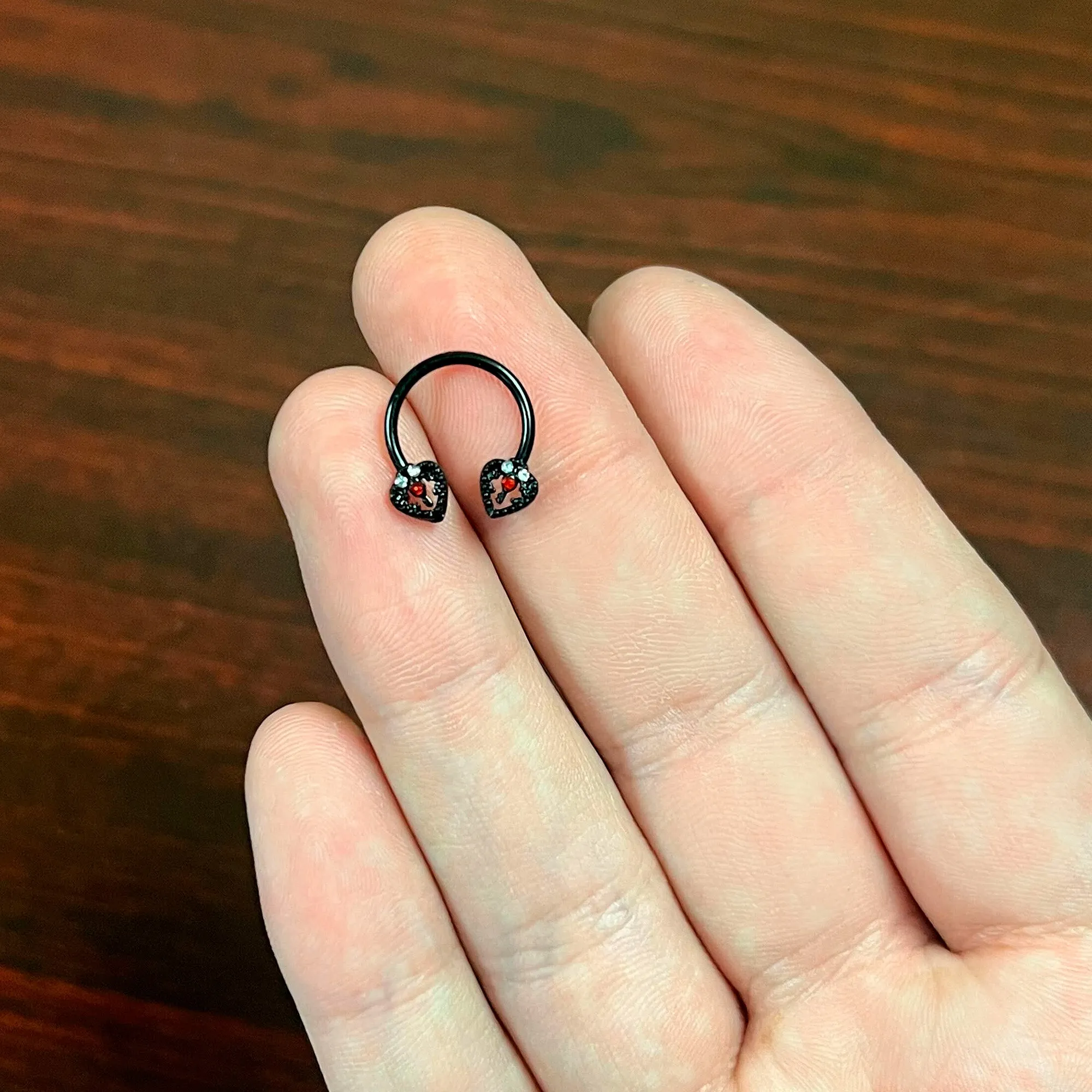 16 Gauge 3/8 Clear Red Gem Black Key Heart Horseshoe Circular Barbell