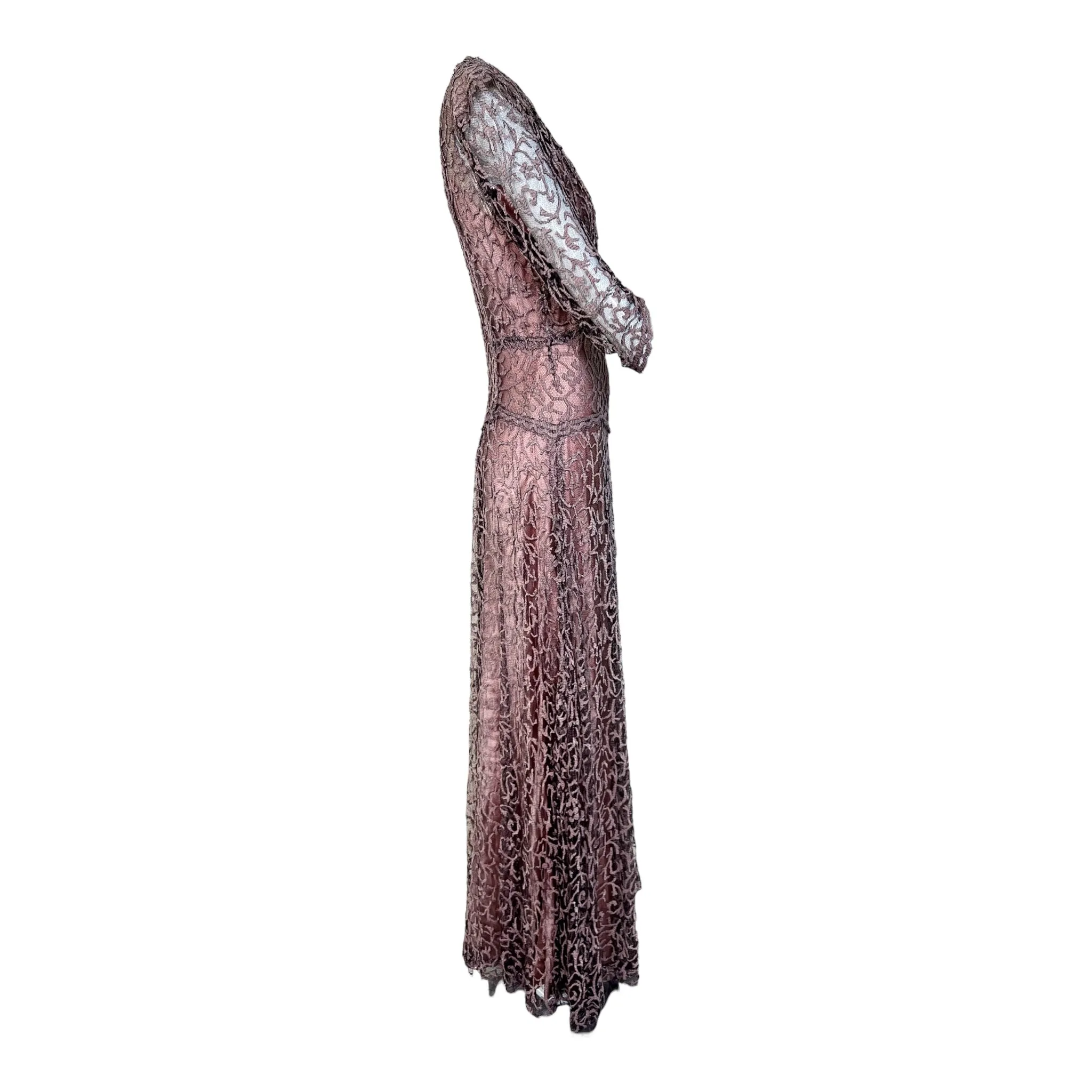 1930's Mauve Pink and Black Lace Gown with Satin Slip