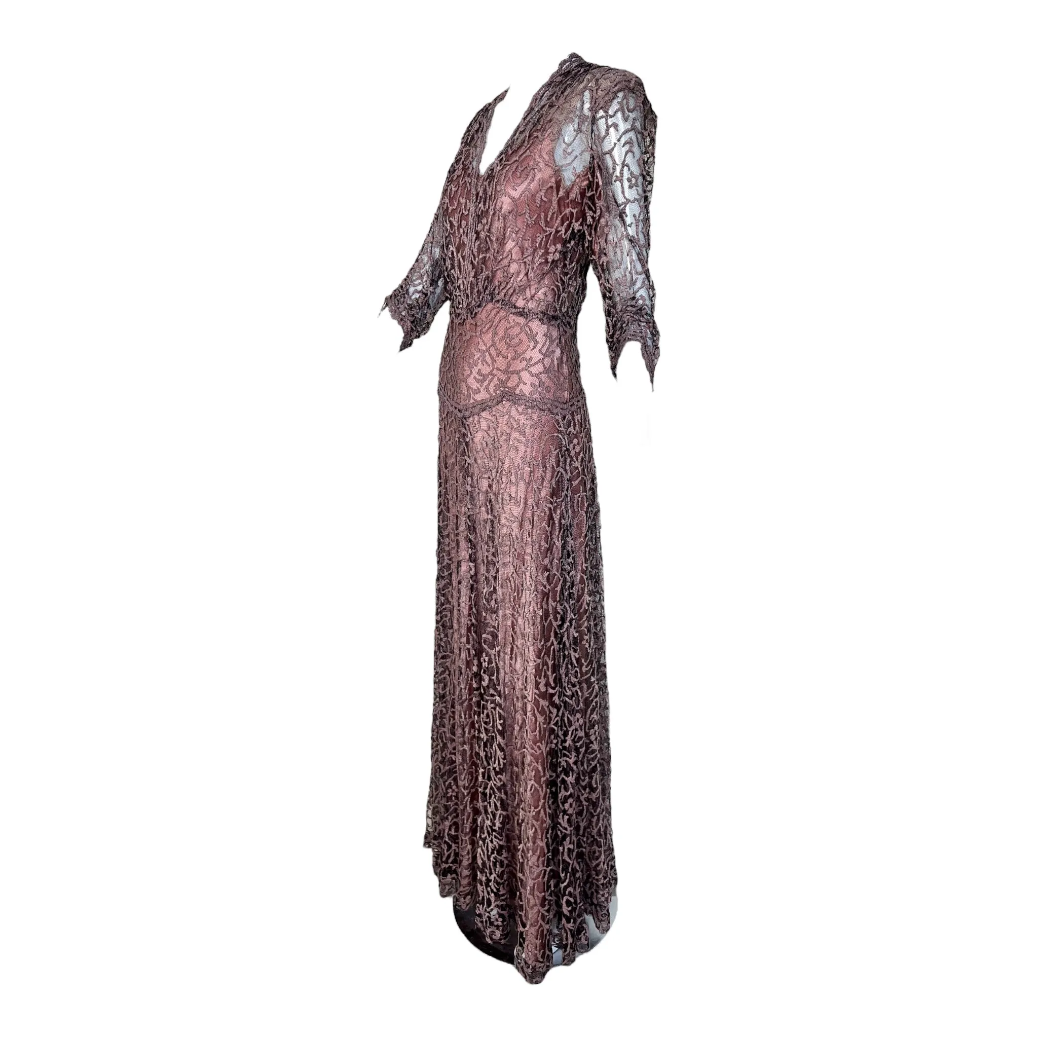 1930's Mauve Pink and Black Lace Gown with Satin Slip
