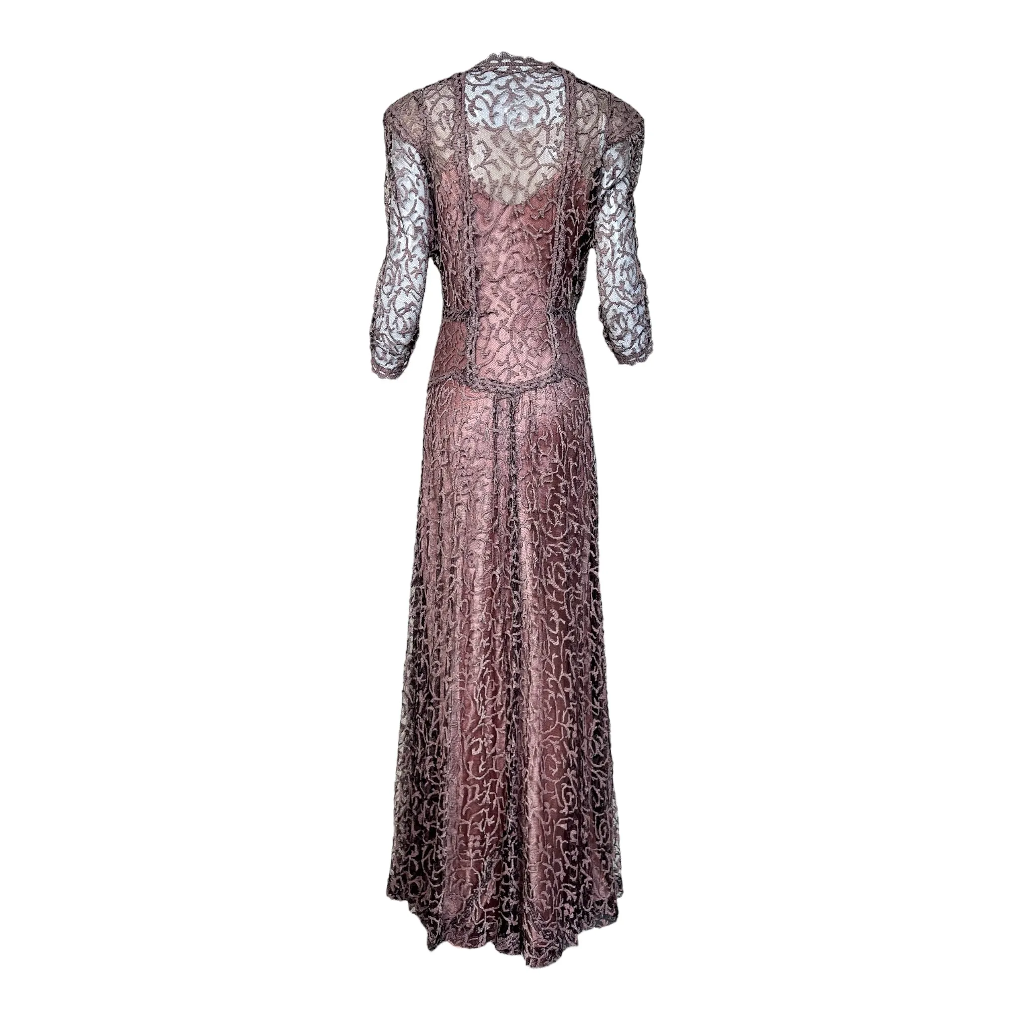 1930's Mauve Pink and Black Lace Gown with Satin Slip
