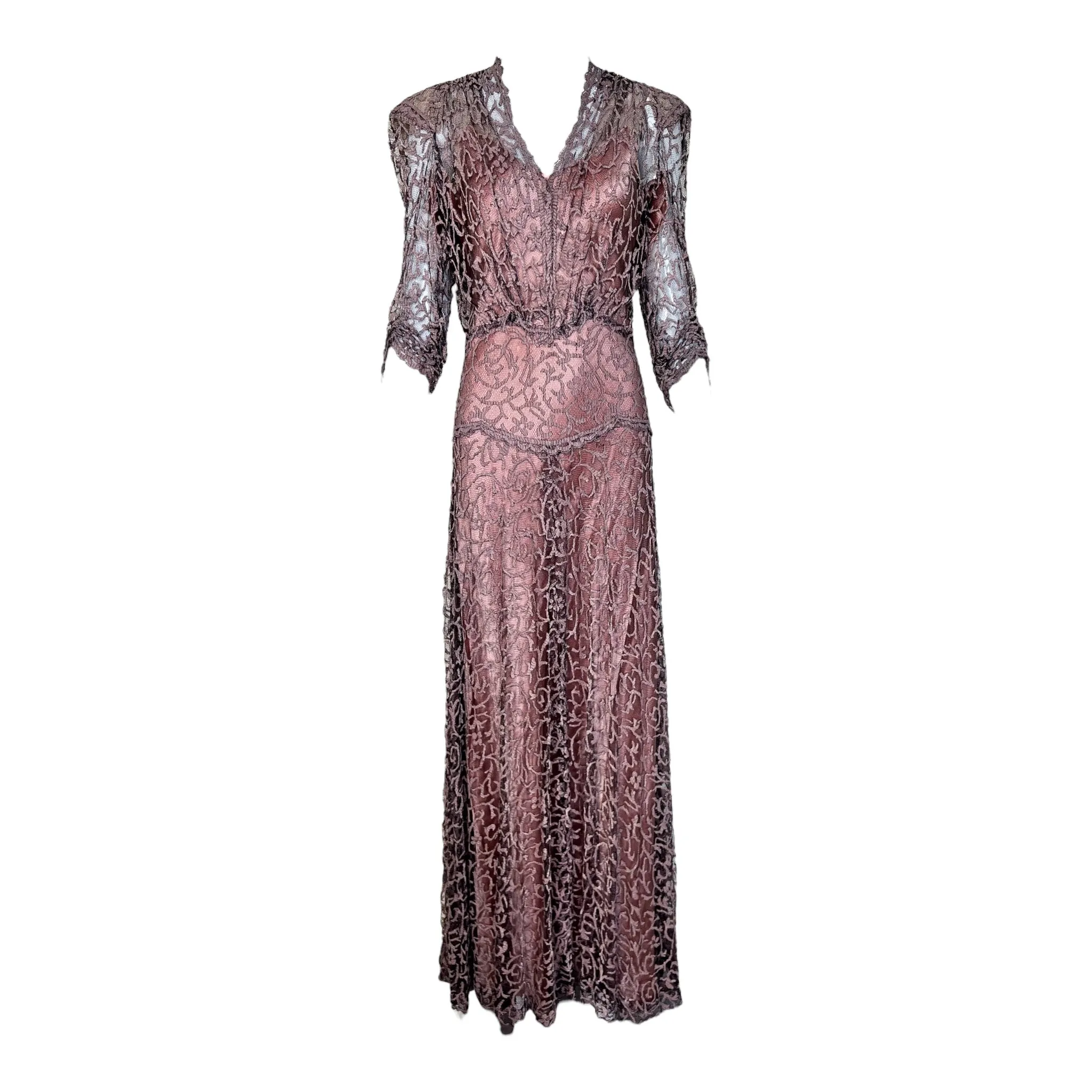 1930's Mauve Pink and Black Lace Gown with Satin Slip