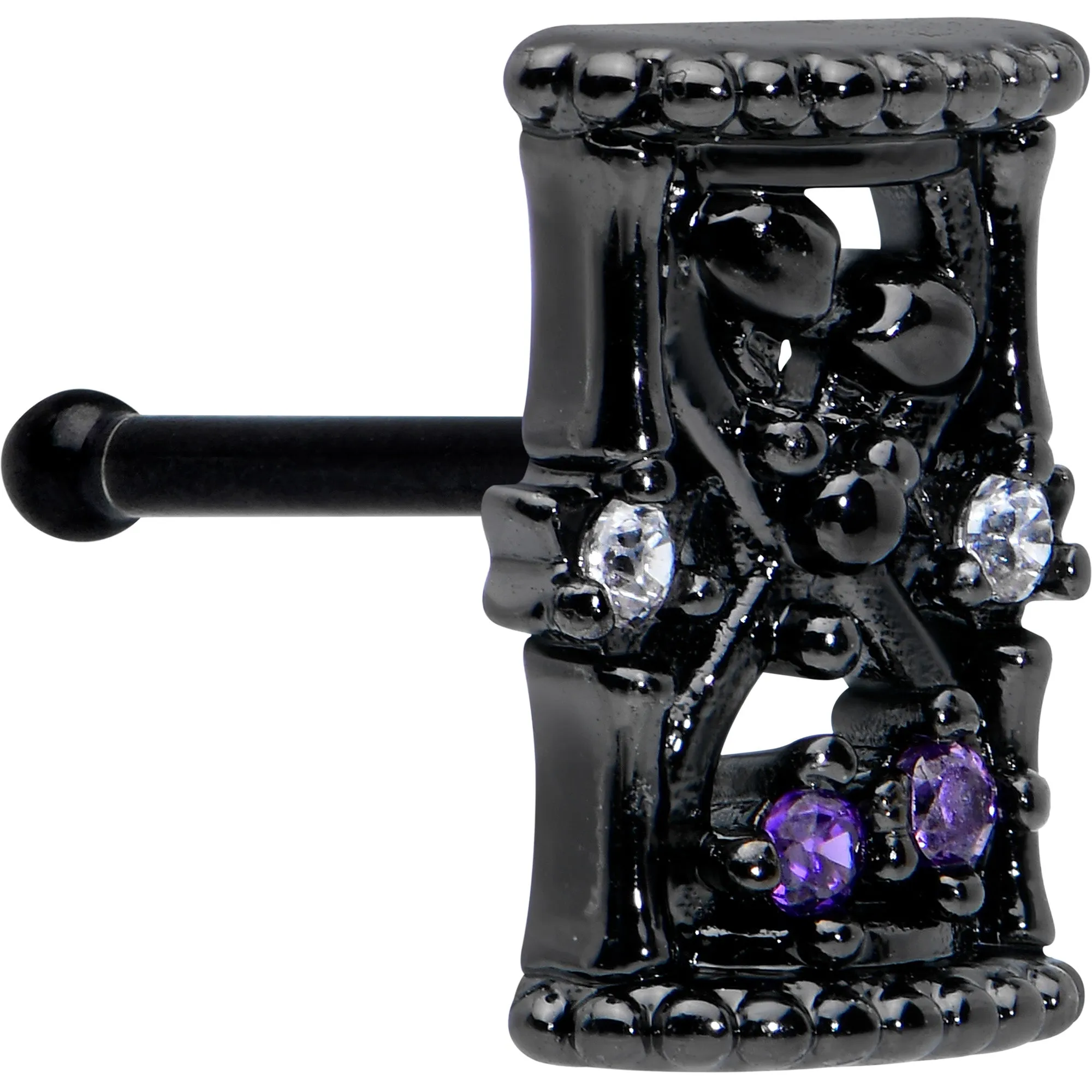 20 Gauge 1/4 Purple Clear Gem Black Gothic Hourglass Nose Bone