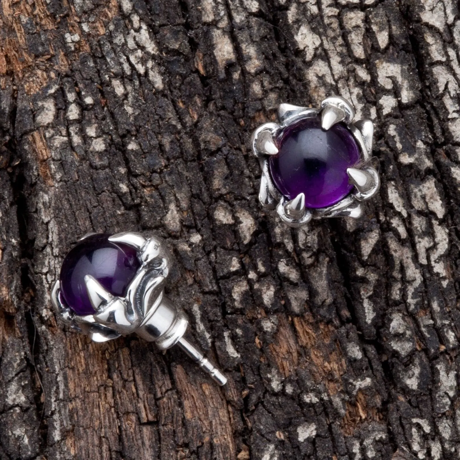 Amethyst Claw Sterling Silver Gothic Stud Earrings