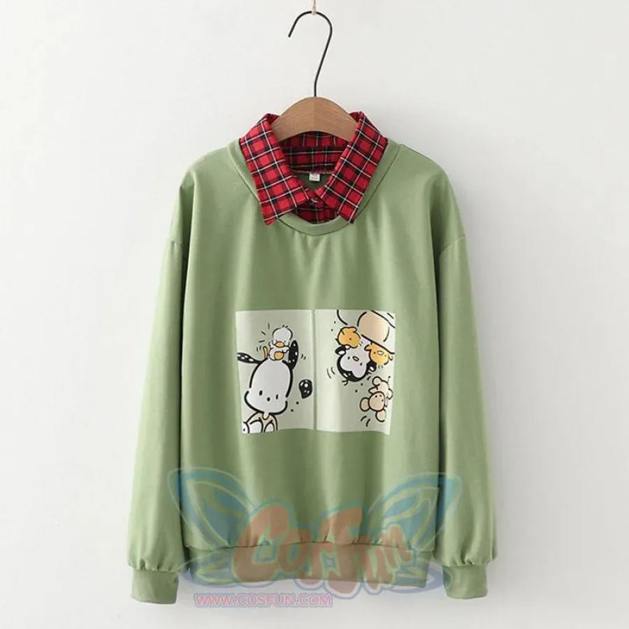 Animal Printing Cartoon Plaid Collar Shirt One-Piece Sweaters Three Colors Hoodie J30003