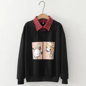 Animal Printing Cartoon Plaid Collar Shirt One-Piece Sweaters Three Colors Hoodie J30003