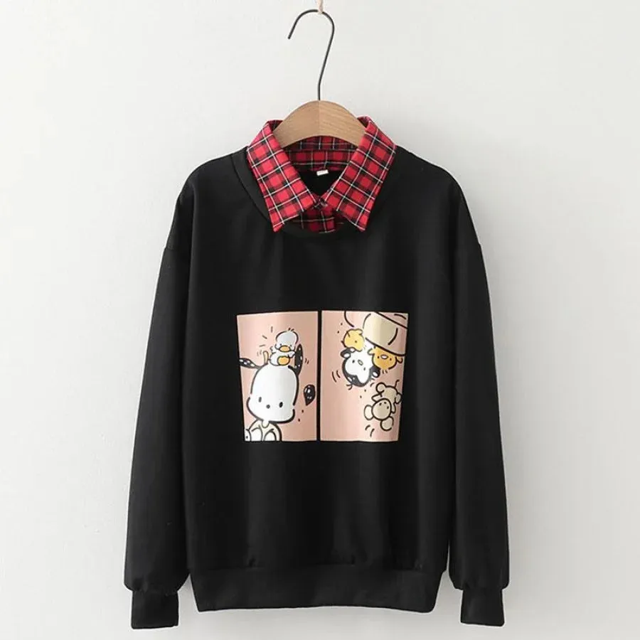 Animal Printing Cartoon Plaid Collar Shirt One-Piece Sweaters Three Colors Hoodie J30003