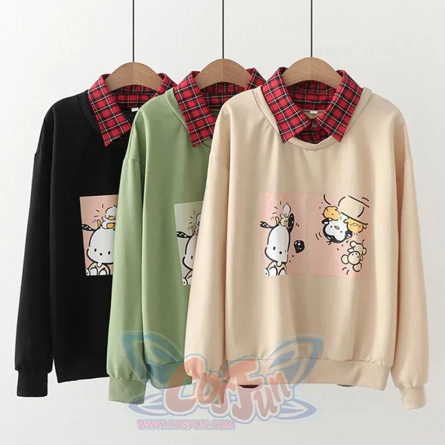 Animal Printing Cartoon Plaid Collar Shirt One-Piece Sweaters Three Colors Hoodie J30003