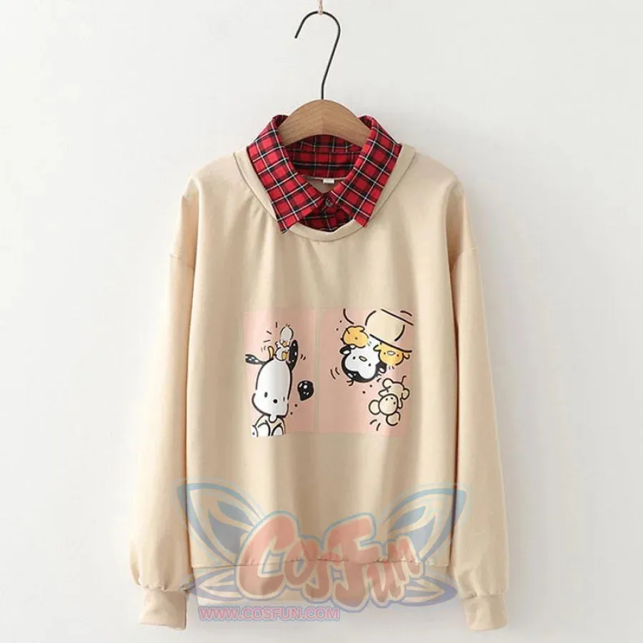 Animal Printing Cartoon Plaid Collar Shirt One-Piece Sweaters Three Colors Hoodie J30003