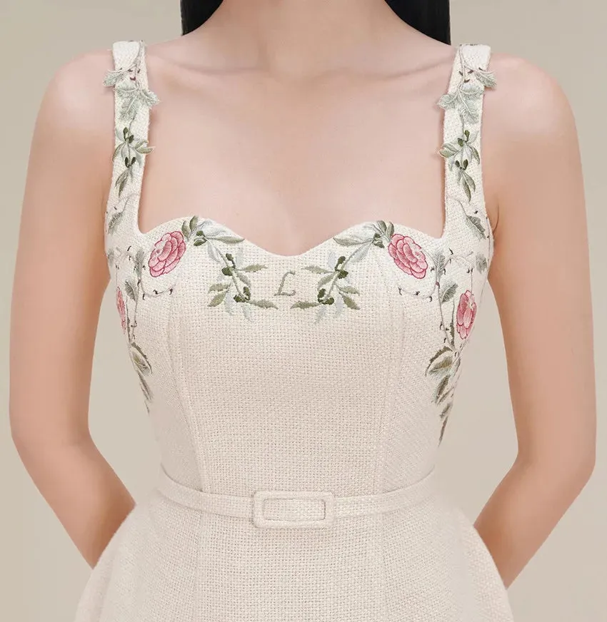 Annais French Elegant Flower Embroidery Sling Dress