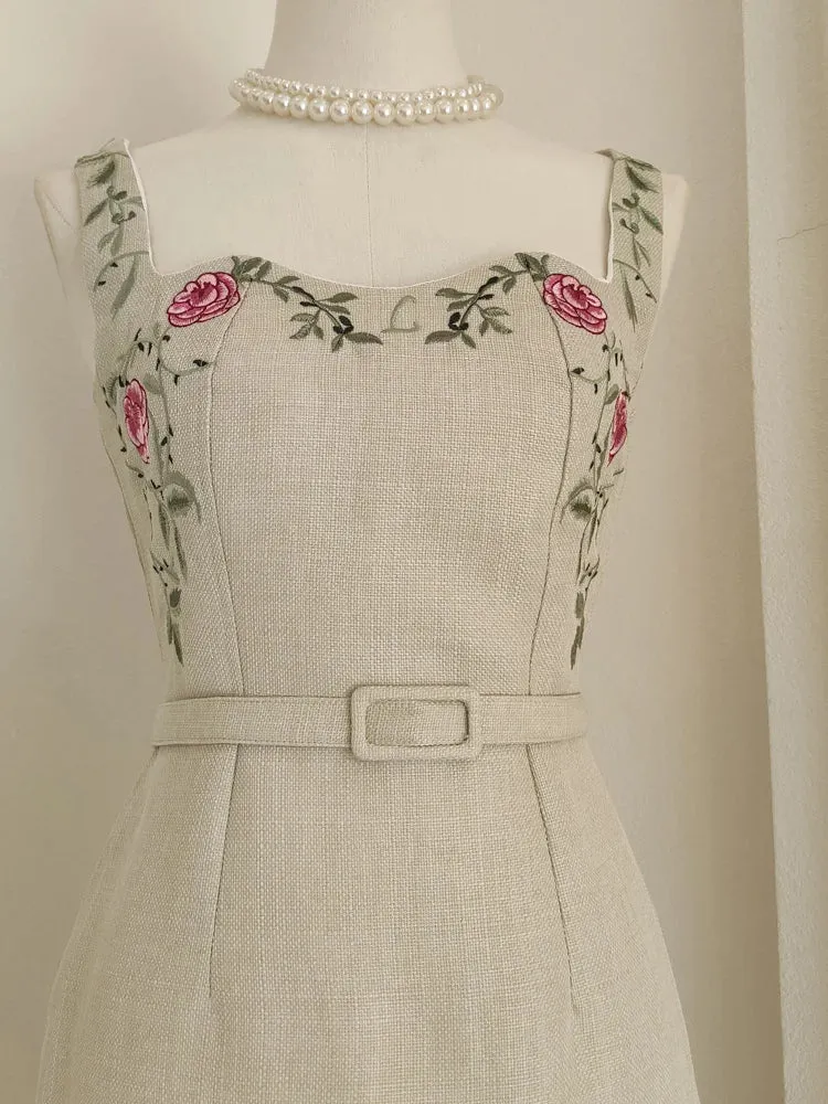 Annais French Elegant Flower Embroidery Sling Dress