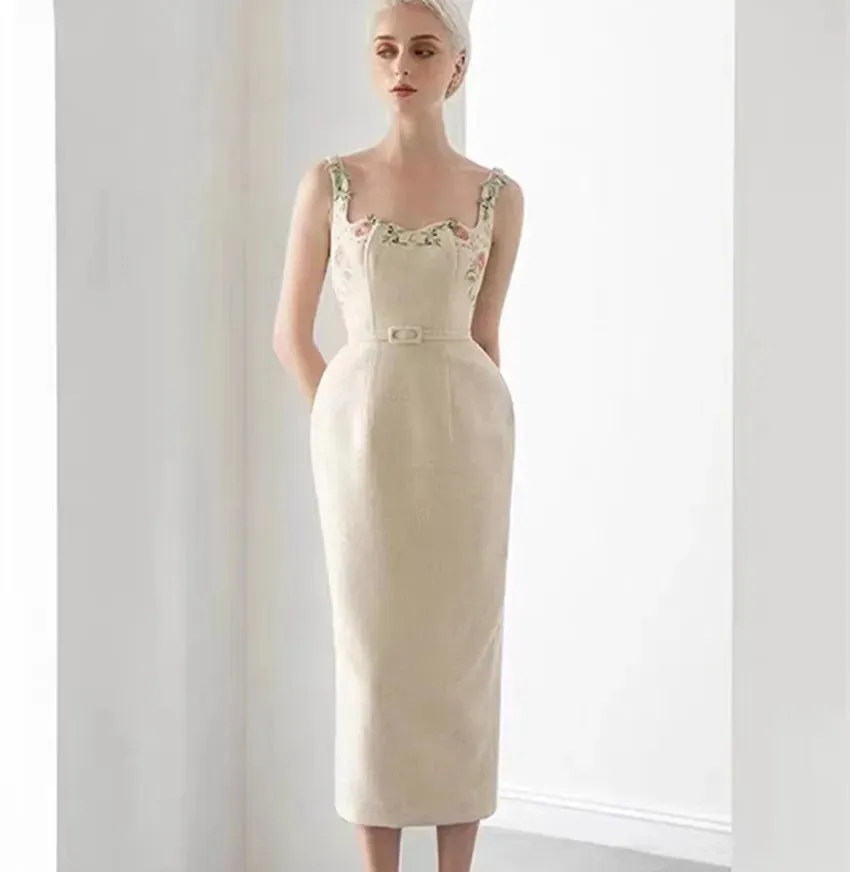 Annais French Elegant Flower Embroidery Sling Dress