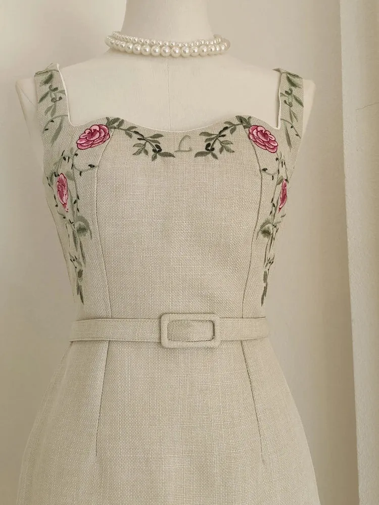 Annais French Elegant Flower Embroidery Sling Dress