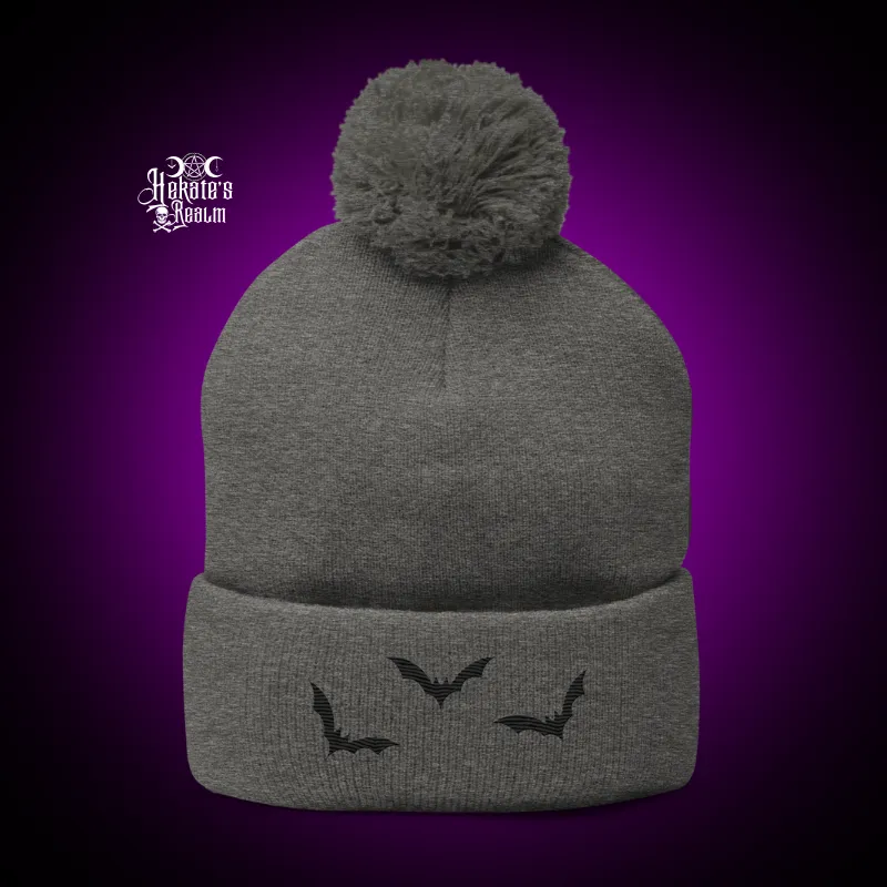 Bats Pom Beanie | Black Embroidery