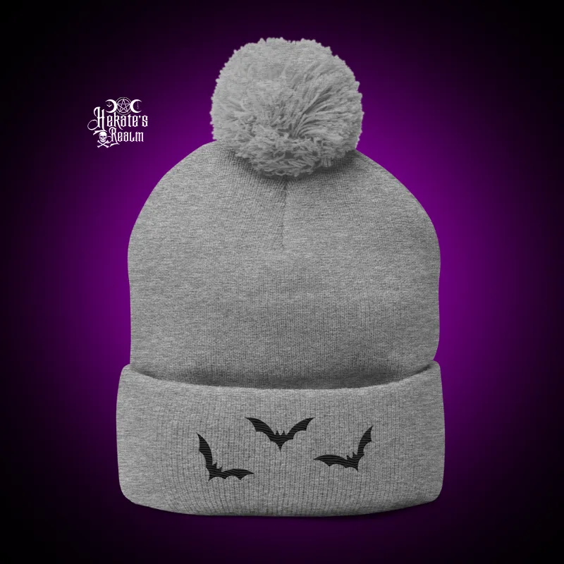 Bats Pom Beanie | Black Embroidery