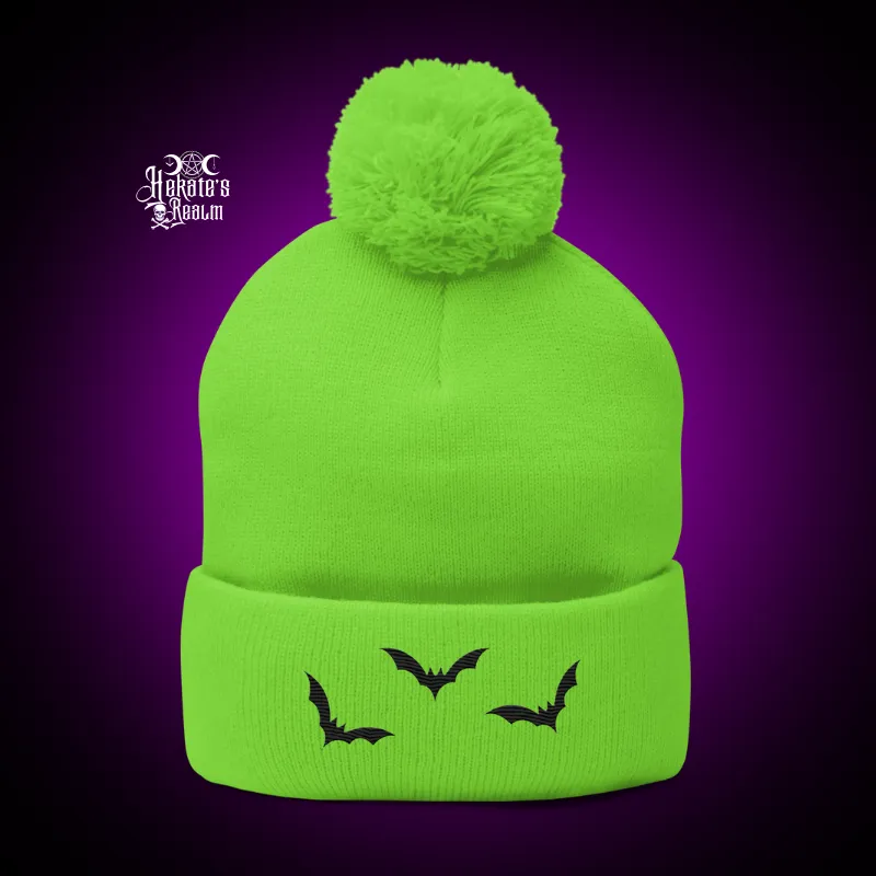 Bats Pom Beanie | Black Embroidery
