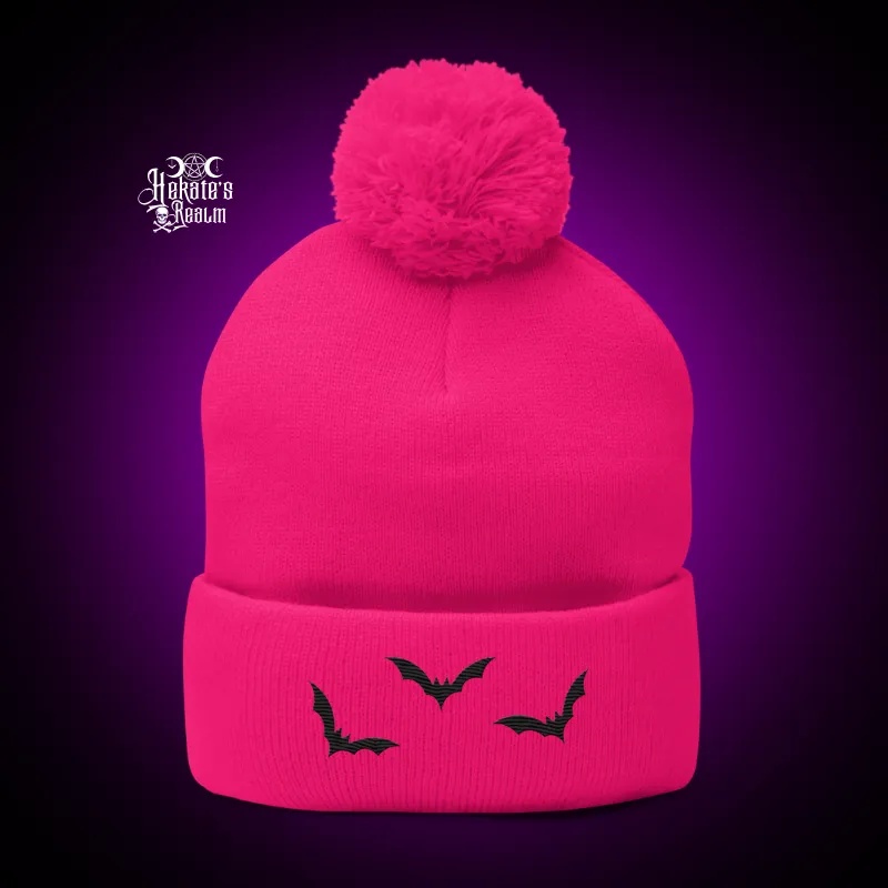 Bats Pom Beanie | Black Embroidery