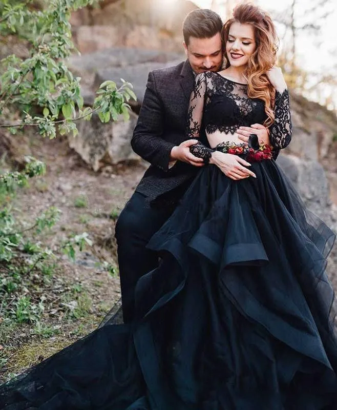 Beautiful Black Two Piece Goth/Alternative Princess Bridal Dress With Long Sleeves Lace And Tulle Embellished Skirt