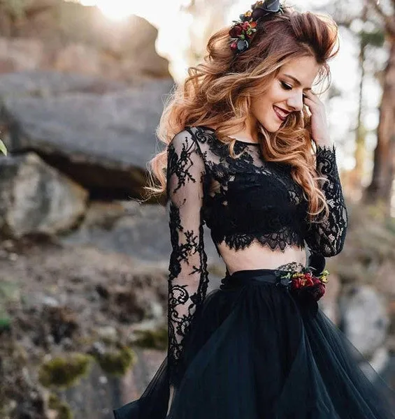 Beautiful Black Two Piece Goth/Alternative Princess Bridal Dress With Long Sleeves Lace And Tulle Embellished Skirt