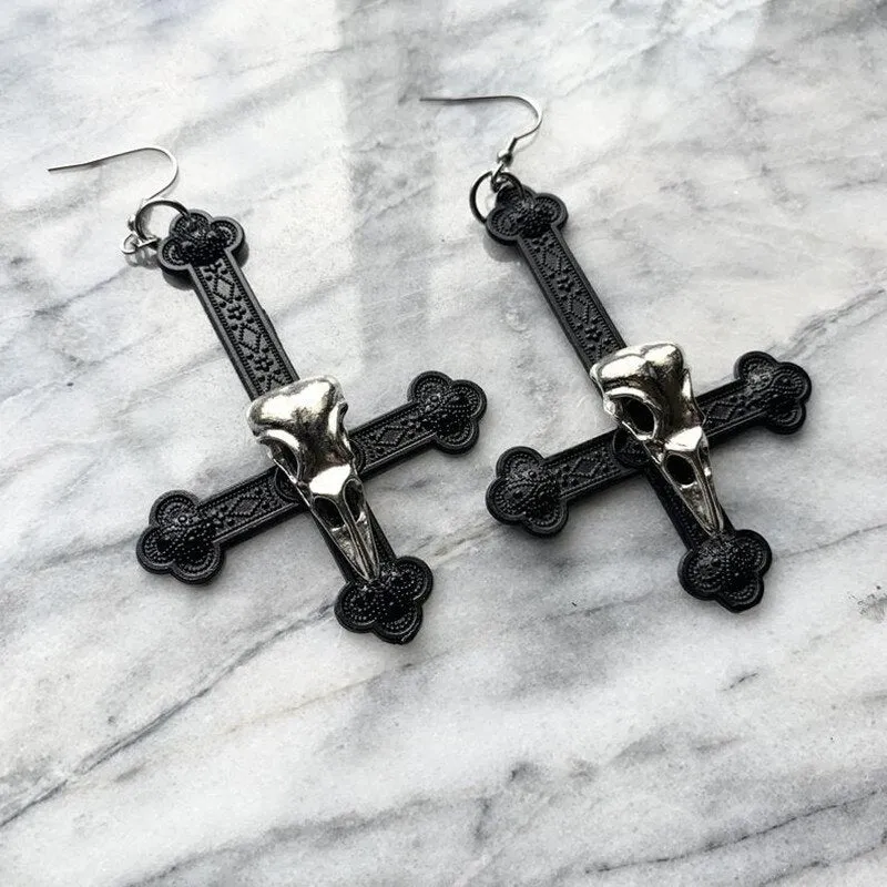 Black Lace Moon Crow Skull Earrings Crescent Charm Fashion Goth Witch Statement Jewelry    Punk Charm Creative