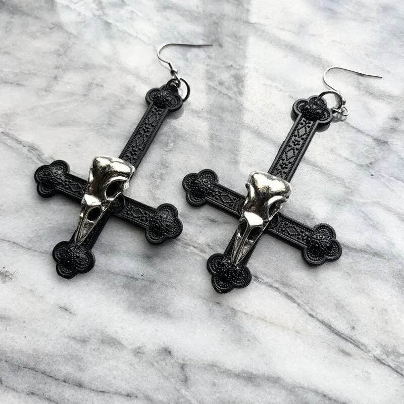 Black Lace Moon Crow Skull Earrings Crescent Charm Fashion Goth Witch Statement Jewelry    Punk Charm Creative