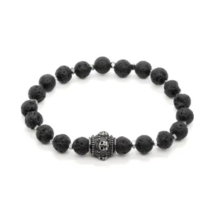 Black Lava Balance Stone Silver Skull Beaded Bracelet