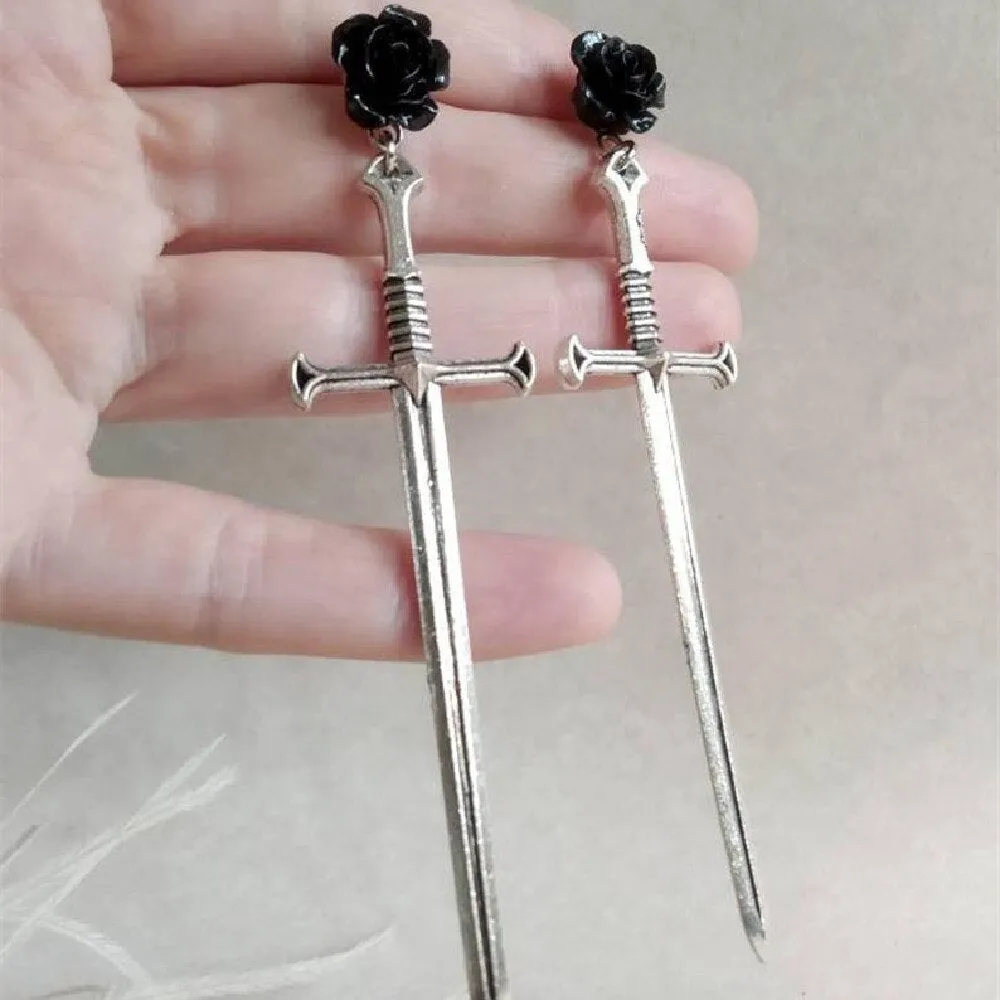 Black Roses Gothic Sword Studs Earrings Creativity Punk Warrior Jewellery Gorgeous Party Fashion