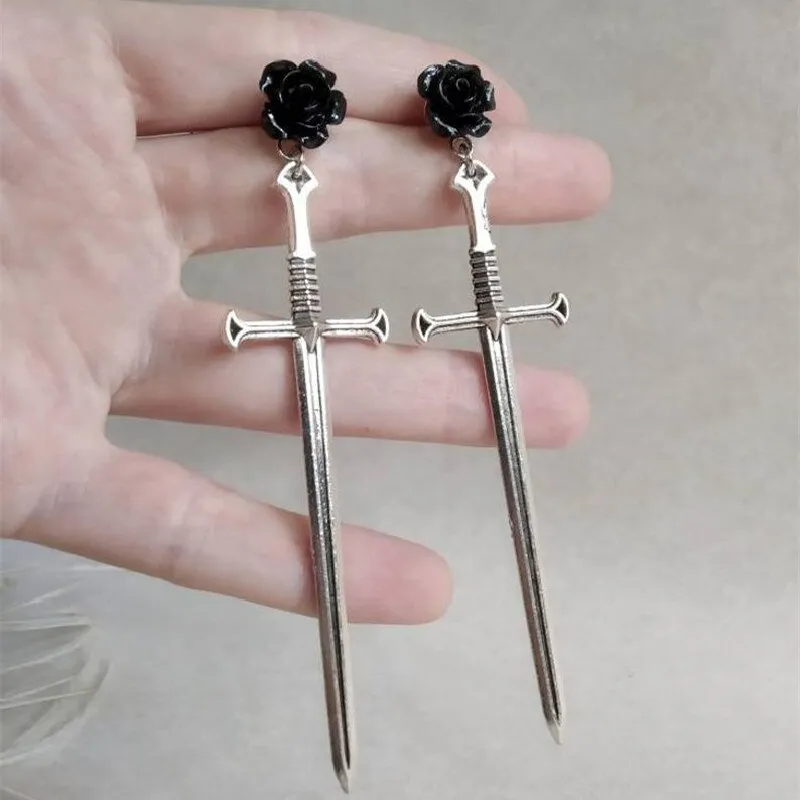 Black Roses Gothic Sword Studs Earrings Creativity Punk Warrior Jewellery Gorgeous Party Fashion