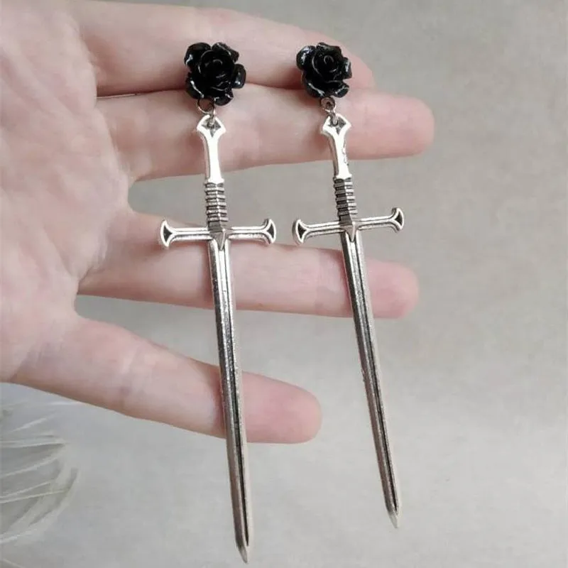Black Roses Gothic Sword Studs Earrings Creativity Punk Warrior Jewellery Gorgeous Party Fashion