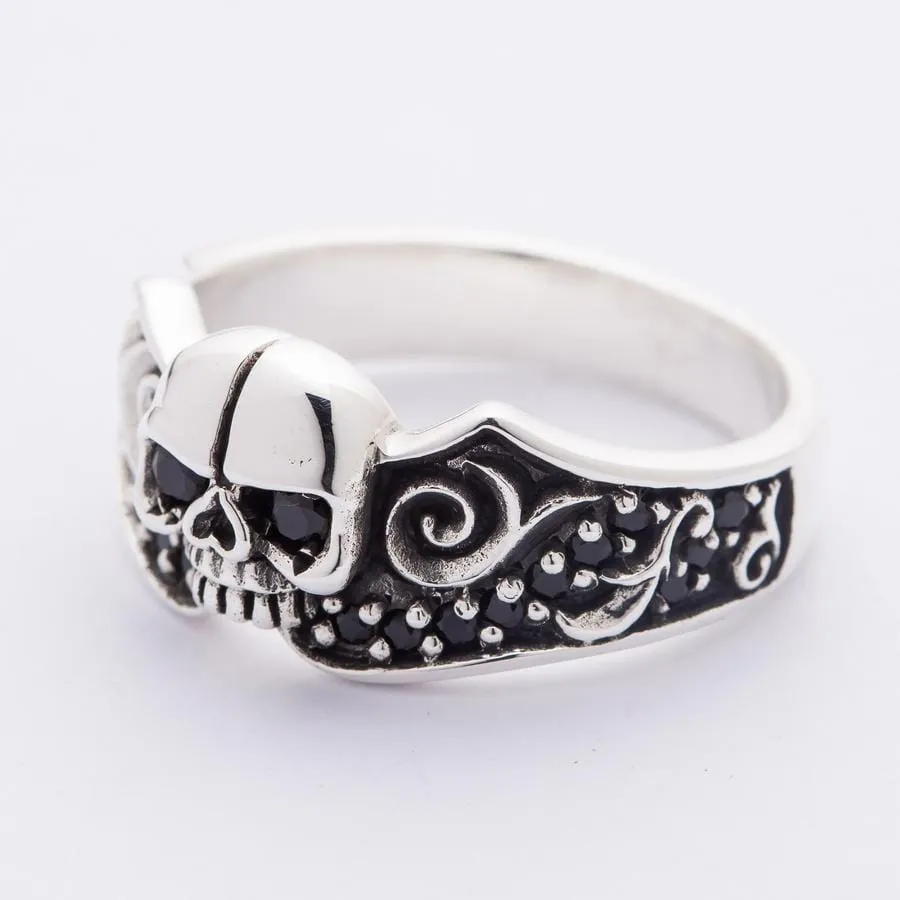 Black Stones Tribal Skull Sterling Silver Gothic Ring