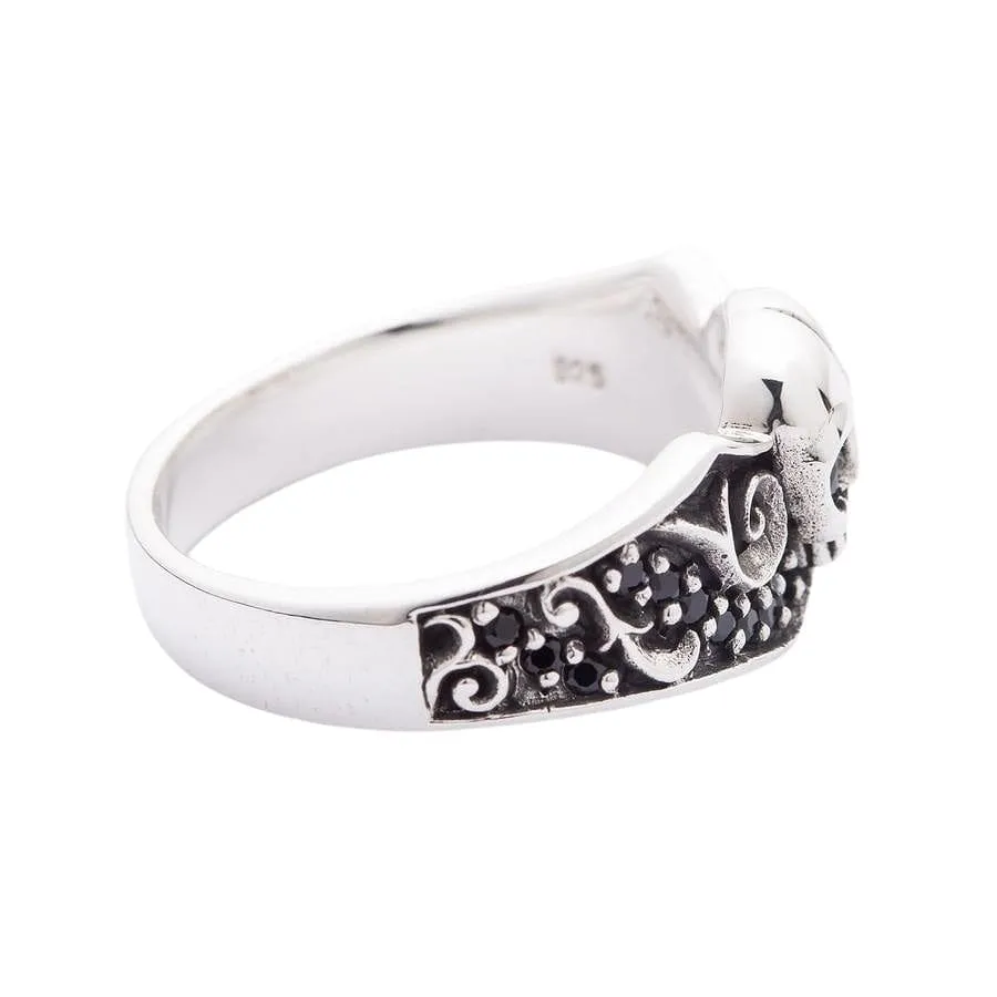 Black Stones Tribal Skull Sterling Silver Gothic Ring