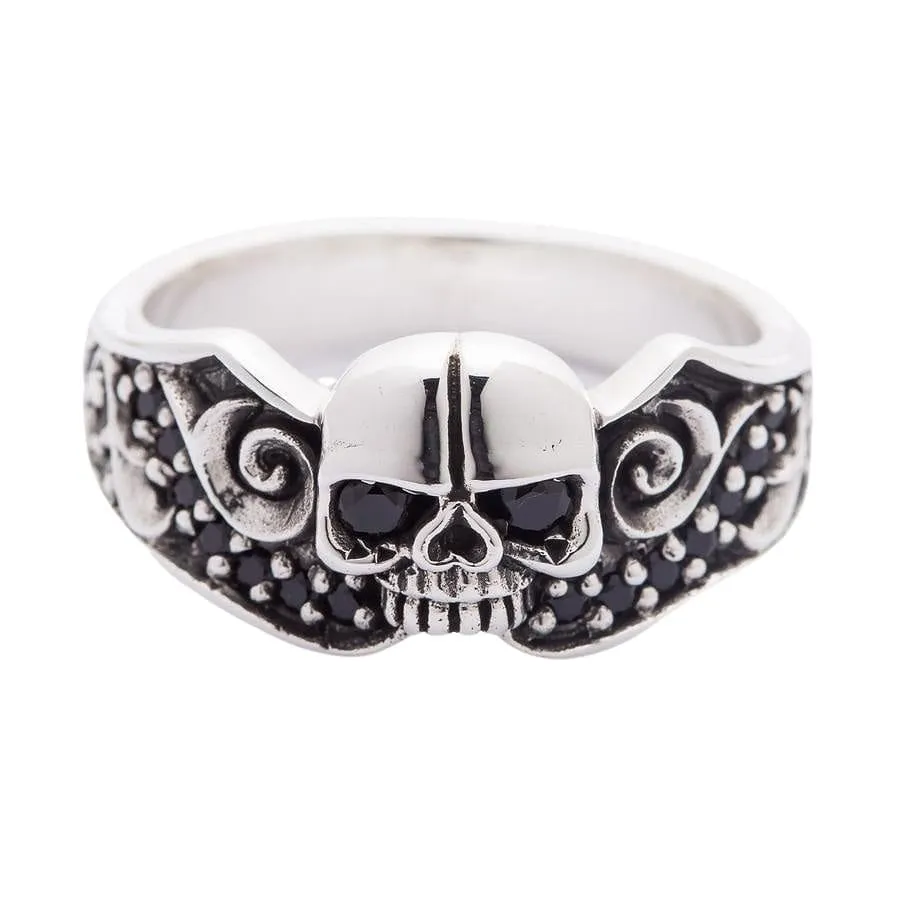 Black Stones Tribal Skull Sterling Silver Gothic Ring