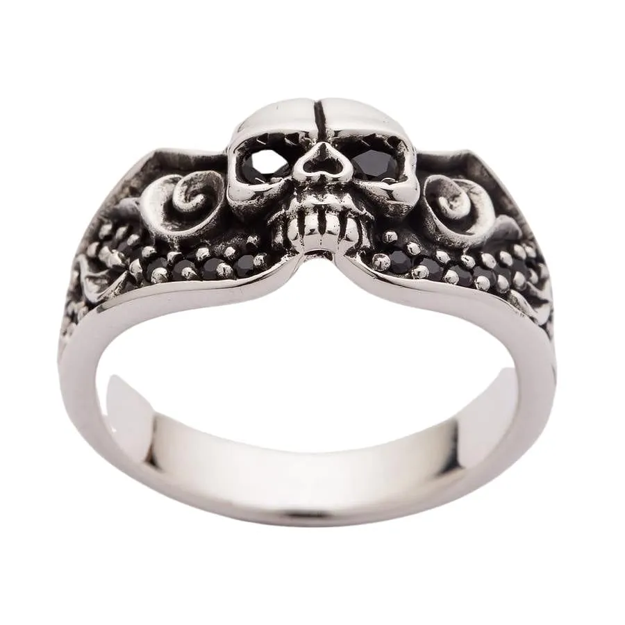 Black Stones Tribal Skull Sterling Silver Gothic Ring
