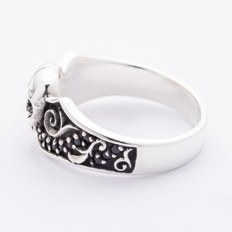 Black Stones Tribal Skull Sterling Silver Gothic Ring