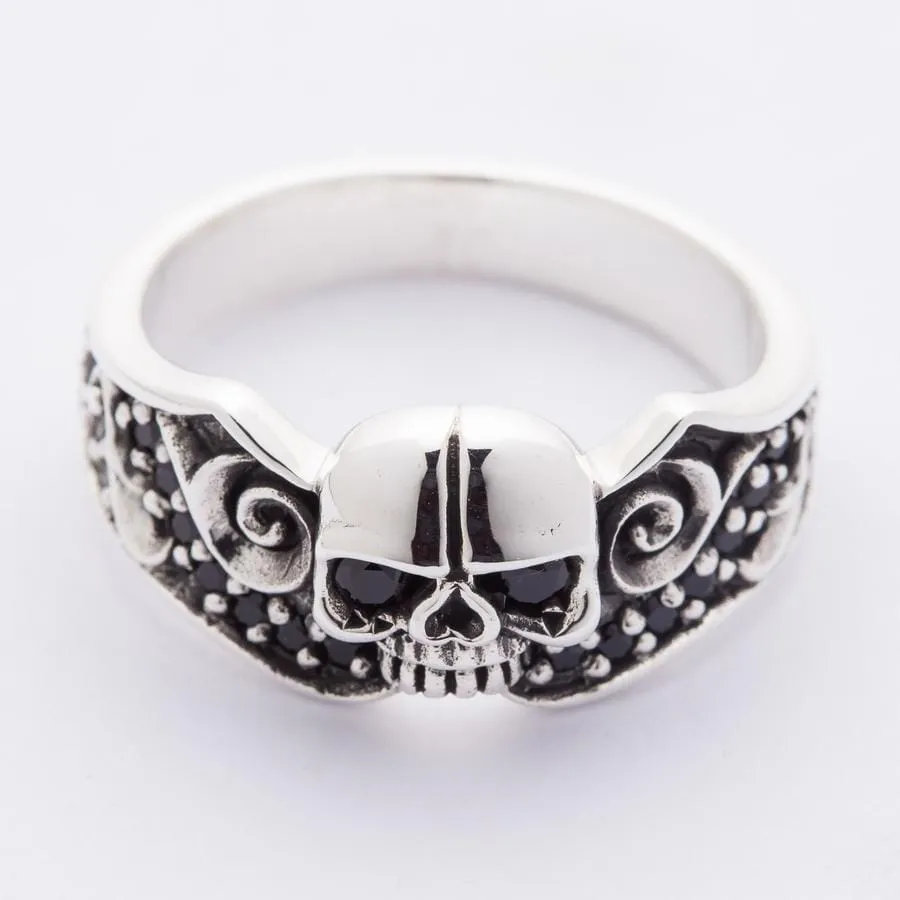 Black Stones Tribal Skull Sterling Silver Gothic Ring