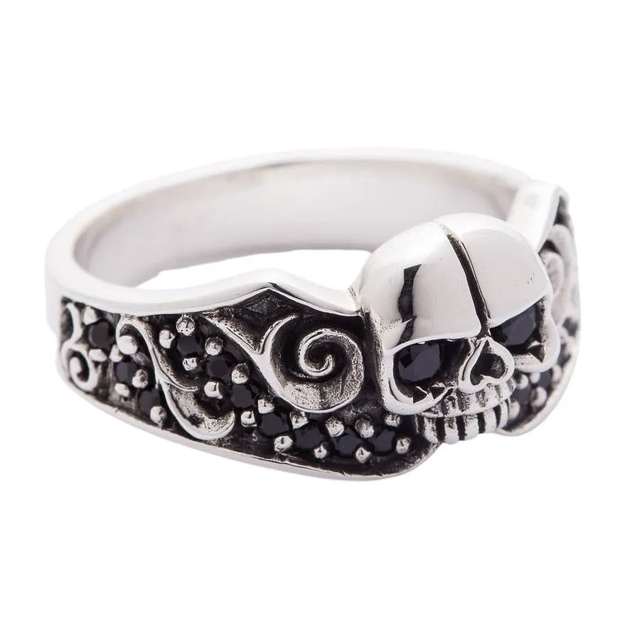 Black Stones Tribal Skull Sterling Silver Gothic Ring