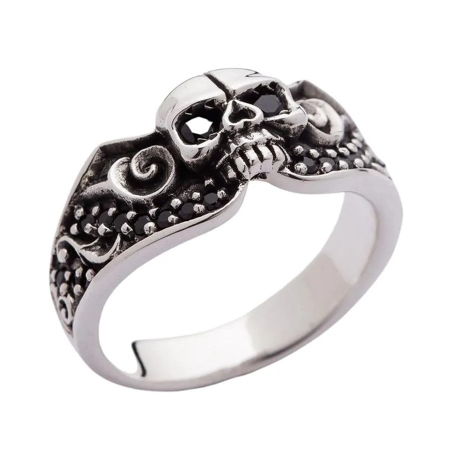 Black Stones Tribal Skull Sterling Silver Gothic Ring
