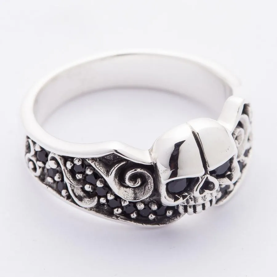 Black Stones Tribal Skull Sterling Silver Gothic Ring