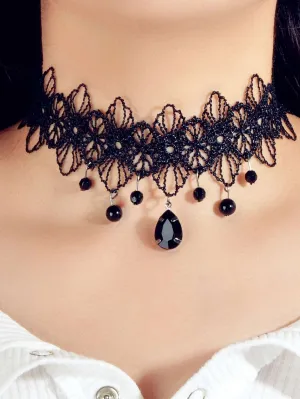 Black Tatted Lace Knit Necklace, Black Gem Accent Embroidered Choker Necklace, Gothic Burlesque Statement Necklace