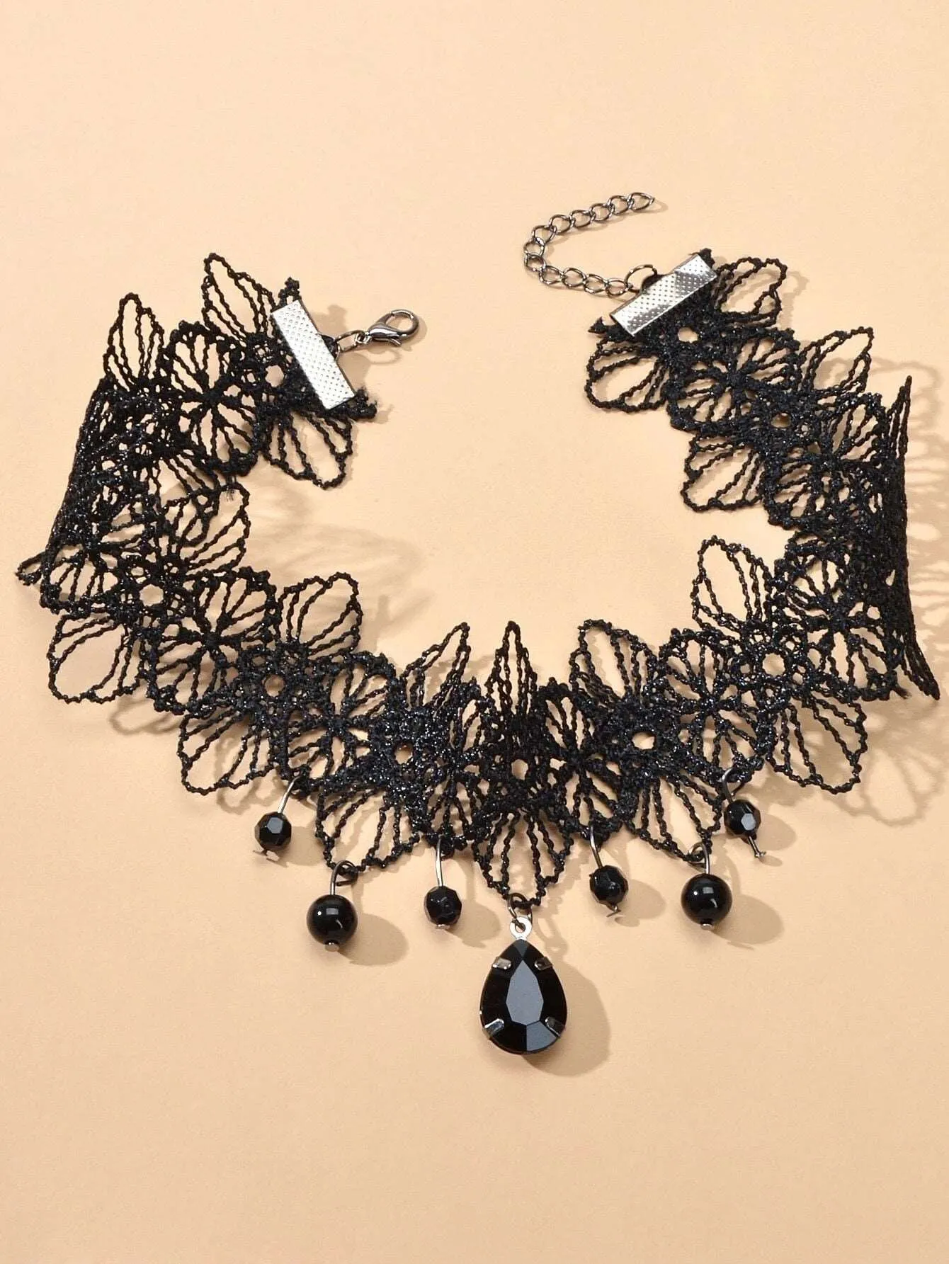 Black Tatted Lace Knit Necklace, Black Gem Accent Embroidered Choker Necklace, Gothic Burlesque Statement Necklace