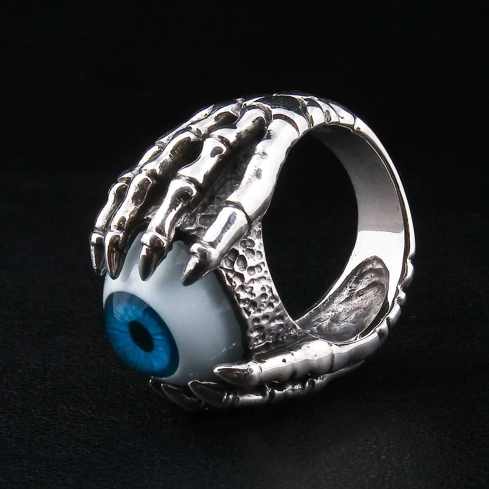 Blue Eyeball Claw Sterling Silver Gothic Ring