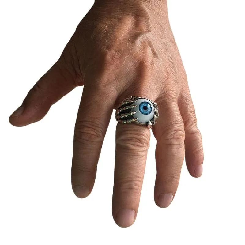 Blue Eyeball Claw Sterling Silver Gothic Ring