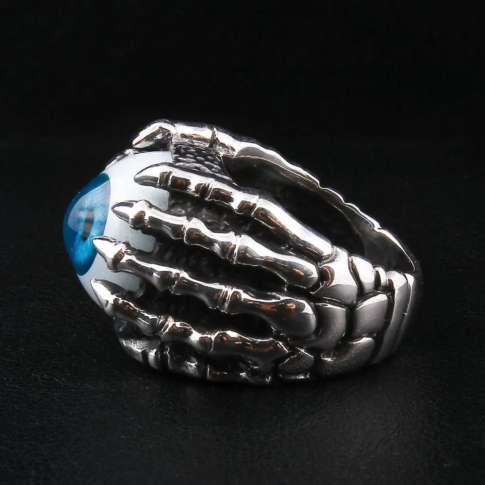 Blue Eyeball Claw Sterling Silver Gothic Ring