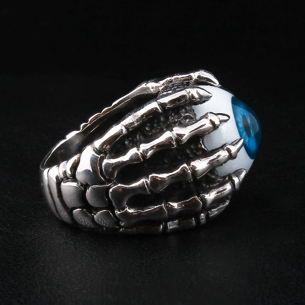 Blue Eyeball Claw Sterling Silver Gothic Ring