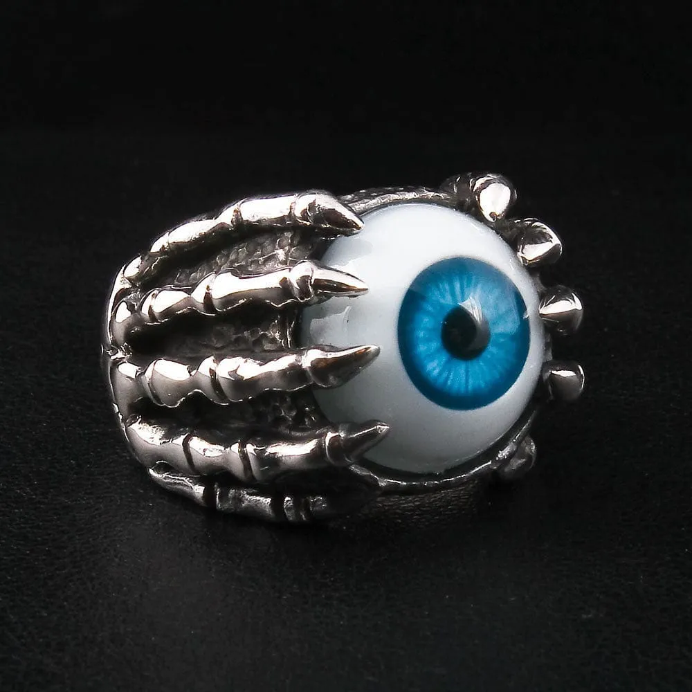 Blue Eyeball Claw Sterling Silver Gothic Ring