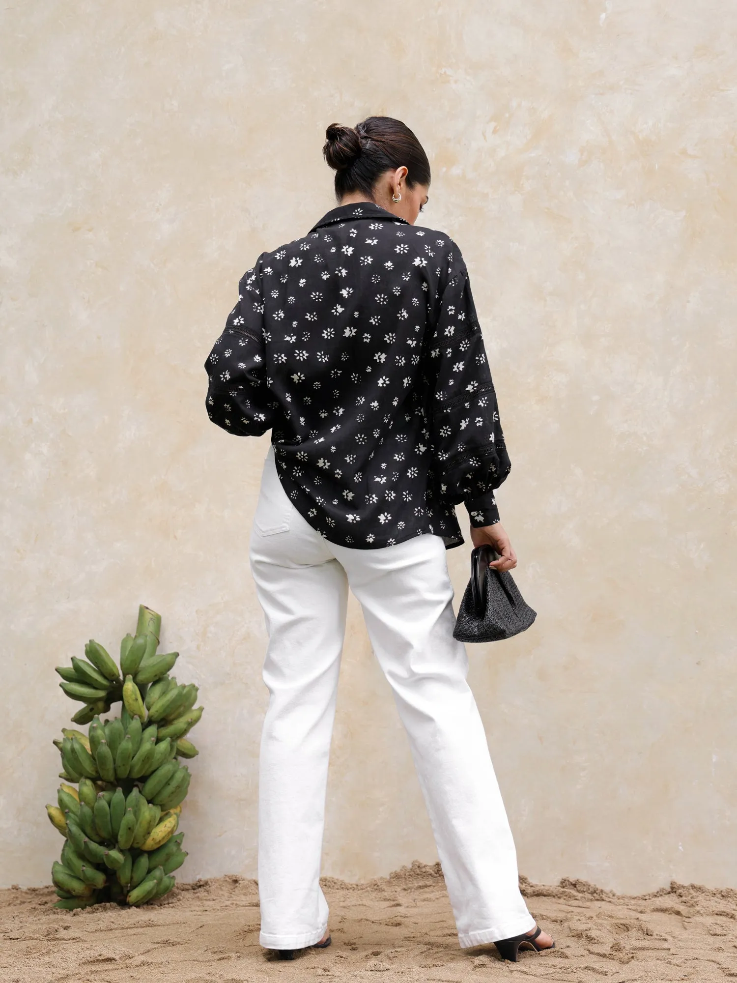 Button Down Ladder Lace Detailed Long Sleeved Top