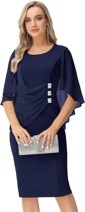 Cape Chiffon Dress Evening Pencil Dress with Rhinestones