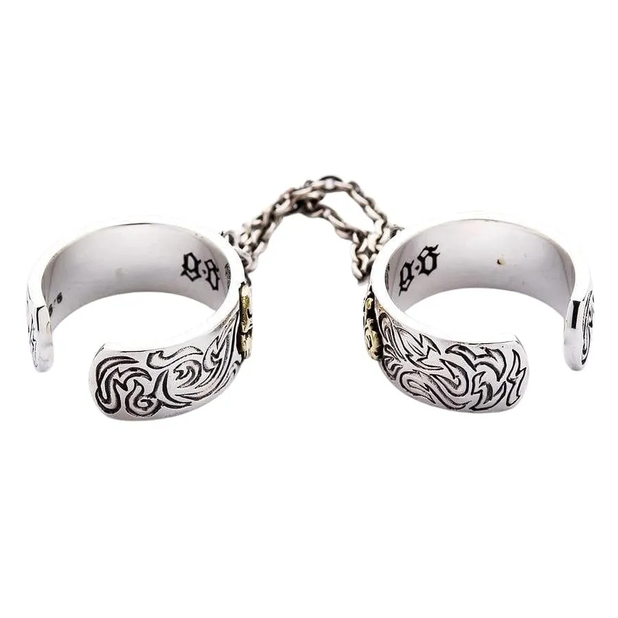 Chained Double Skull Sterling Silver Gothic Punk Ring