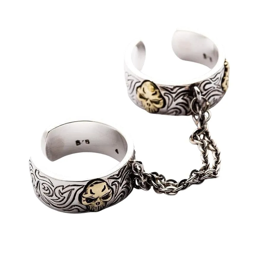 Chained Double Skull Sterling Silver Gothic Punk Ring
